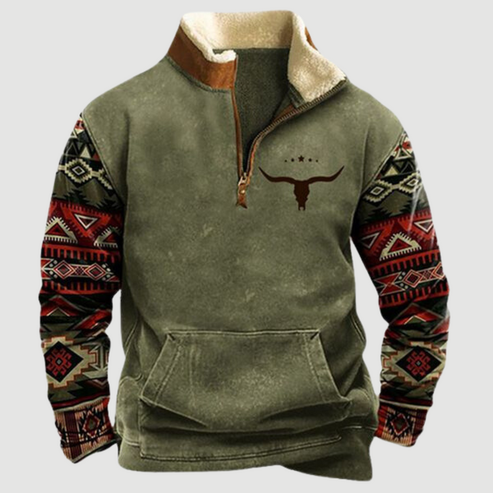 Vintage Fleece Winter Jumper with Zip for Men - Felix-Olive with bull silhouette-S-State of Style