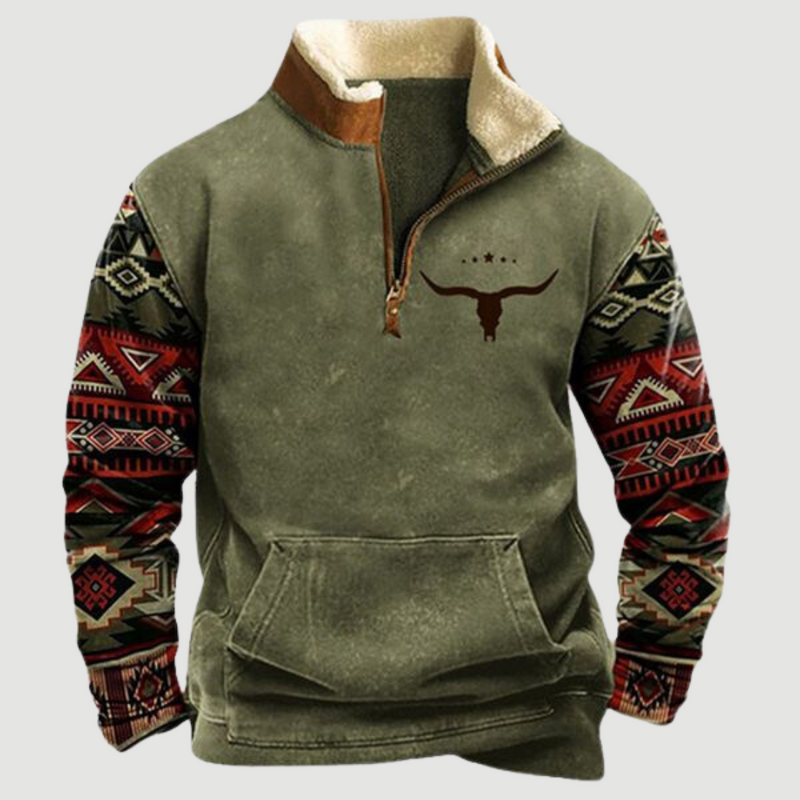 Vintage Fleece Winter Jumper with Zip for Men - Felix-Olive with bull silhouette-S-State of Style