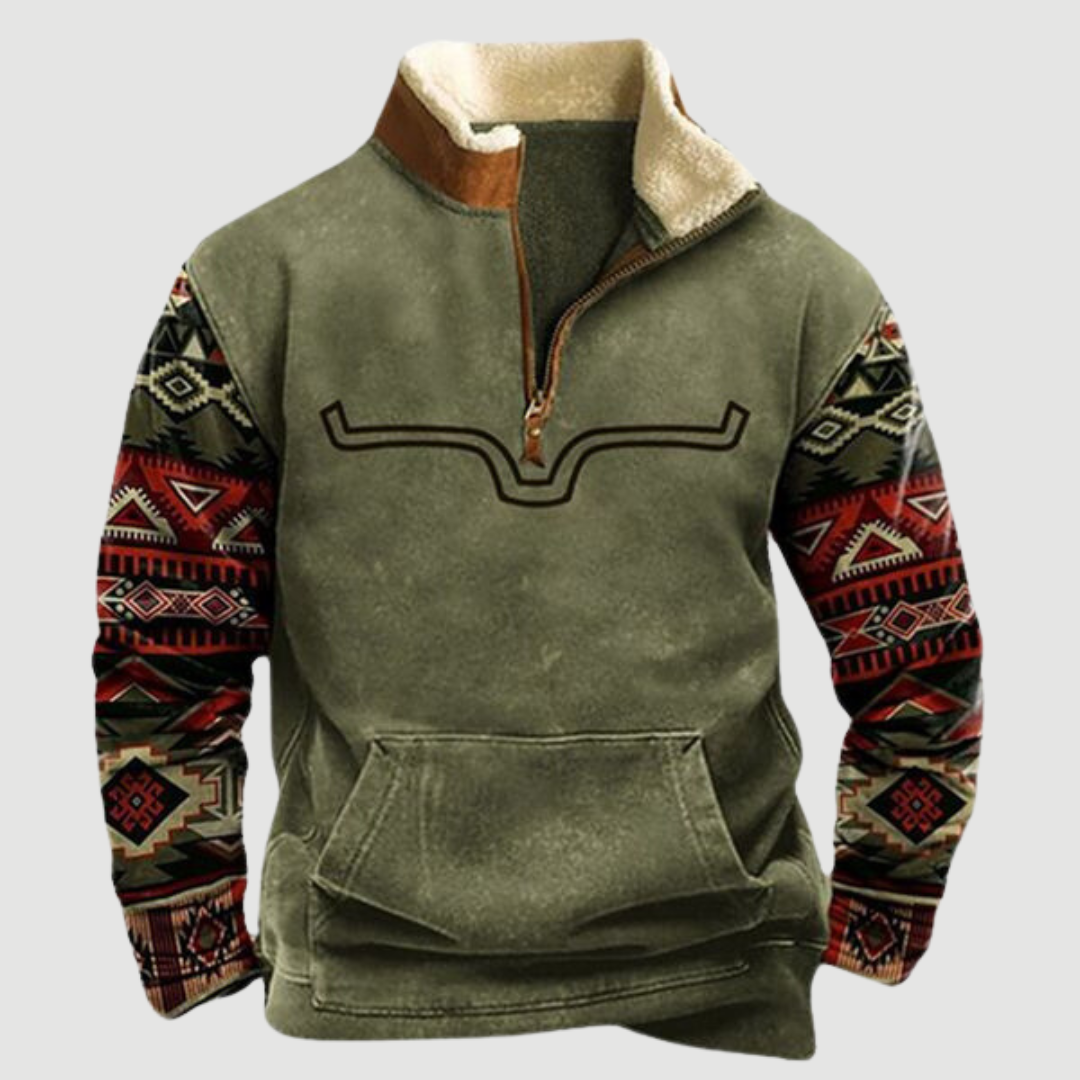 Vintage Fleece Winter Jumper with Zip for Men - Felix-Olive with horn motif-S-State of Style