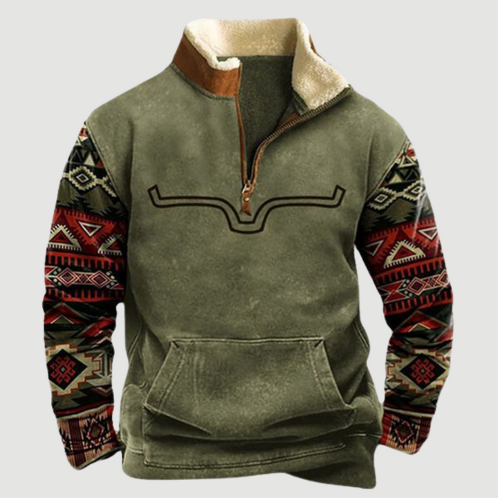 Vintage Fleece Winter Jumper with Zip for Men - Felix-Olive with horn motif-S-State of Style