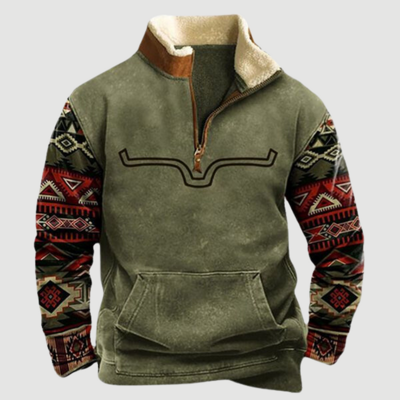 Vintage Fleece Winter Jumper with Zip for Men - Felix-Olive with horn motif-S-State of Style