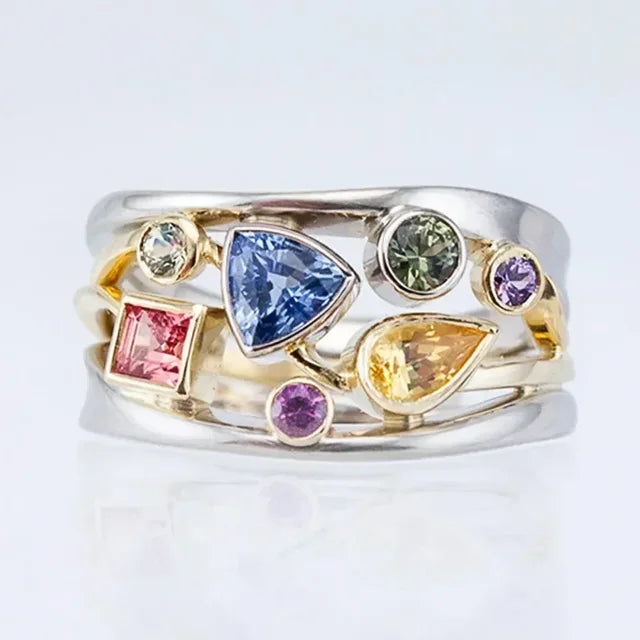 Vintage Intarsia Ring with Multicoloured Zirconia - Aurielle-6-State of Style