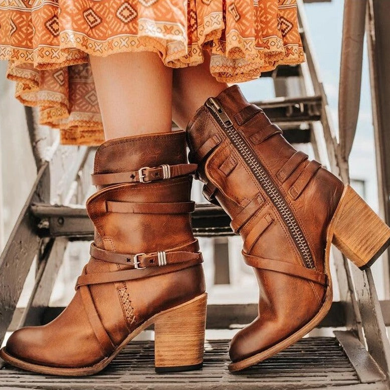 Vintage Leather Ladies' Ankle Boots with Heel - Lara-Chestnut Brown-3.0-State of Style