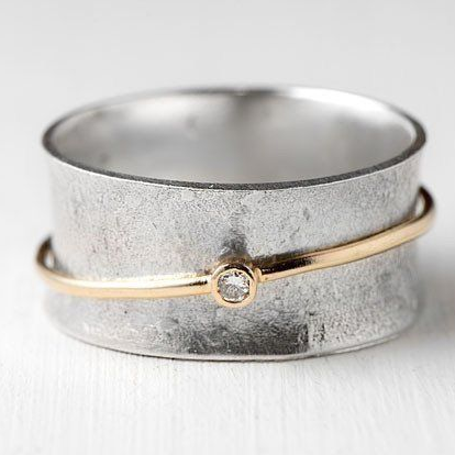 Vintage Silver Ring with Golden Lines and Zirconia - Aurina-6-State of Style