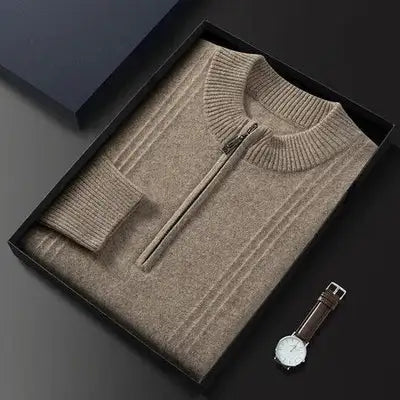 Warm Casual Men's Sweater with Half Zip - Logan-Beige-S-State of Style