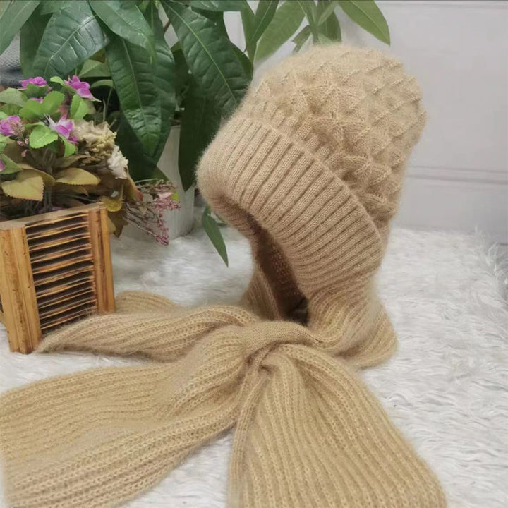 Warm Ladies Beanie with Integrated Scarf - Nora-Khaki-State of Style