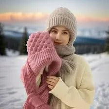 Warm Ladies Beanie with Integrated Scarf - Nora-Khaki-State of Style