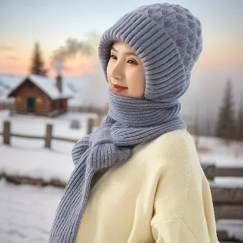 Warm Ladies Beanie with Integrated Scarf - Nora-Khaki-State of Style
