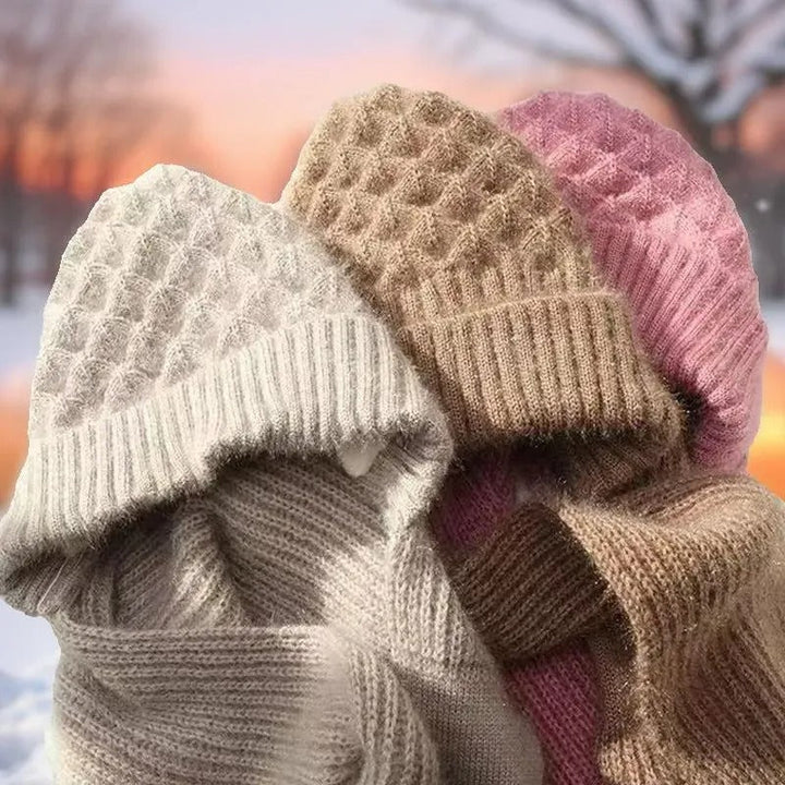 Warm Ladies Beanie with Integrated Scarf - Nora-Khaki-State of Style