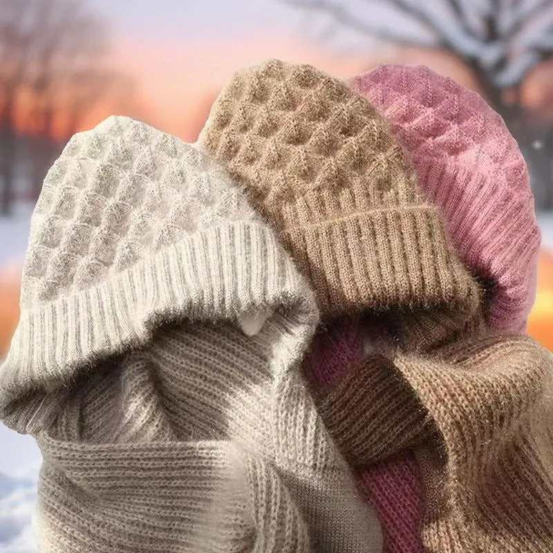 Warm Ladies Beanie with Integrated Scarf - Nora-Khaki-State of Style