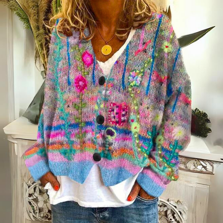 Warm Ladies Cardigan with Print – Liv-Blue-S-State of Style