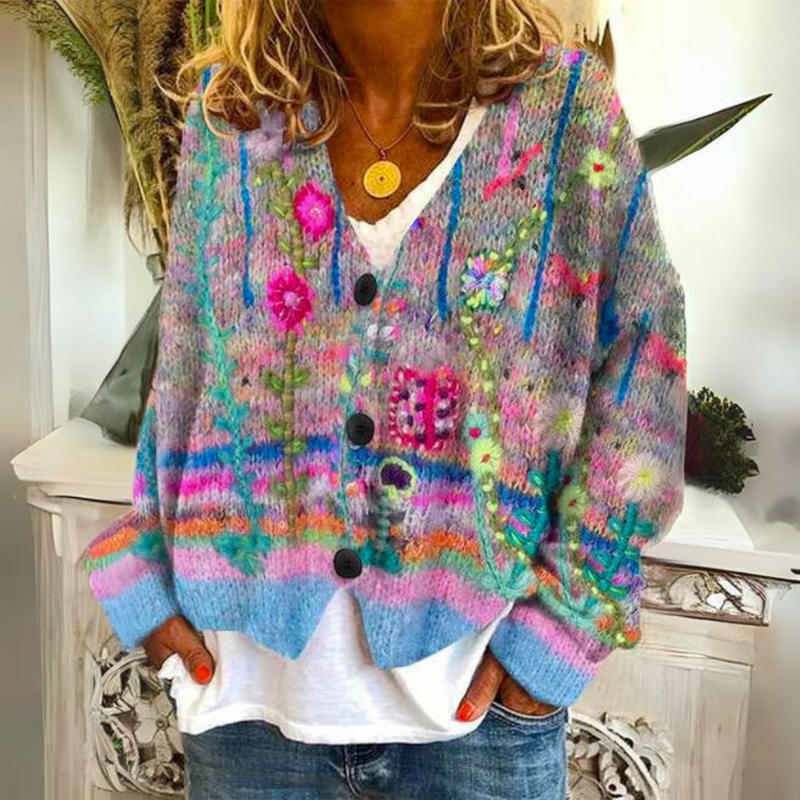 Warm Ladies Cardigan with Print – Liv-Blue-S-State of Style