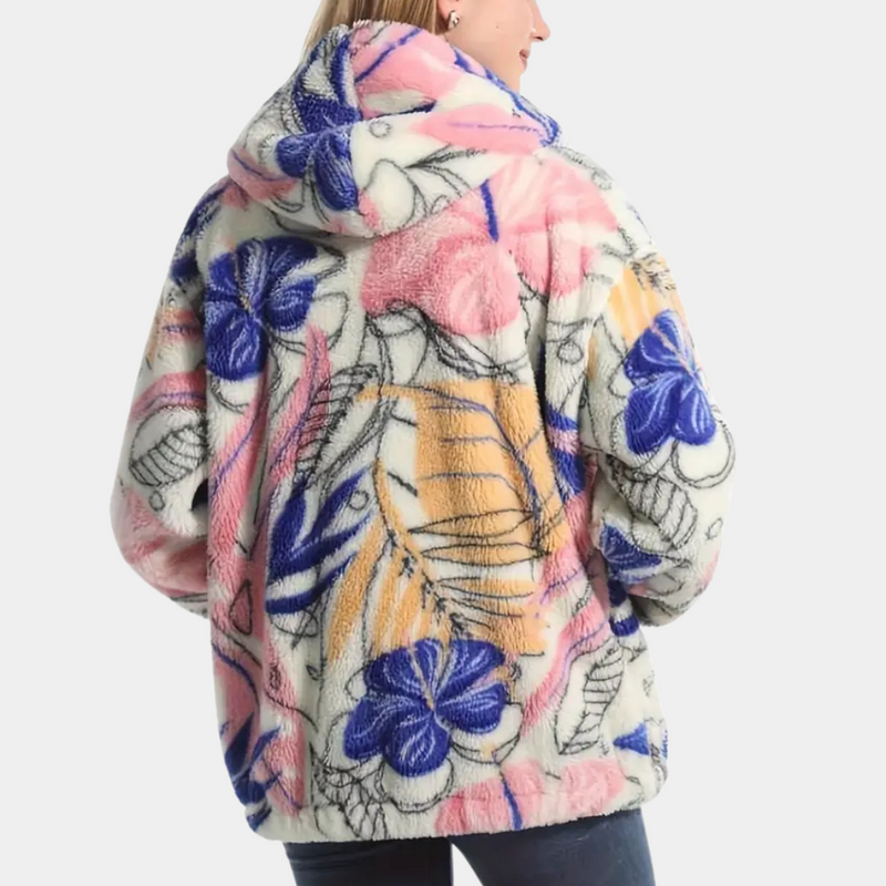 Warm Ladies' Coat with Hood and Floral Print - Elira-XS-State of Style