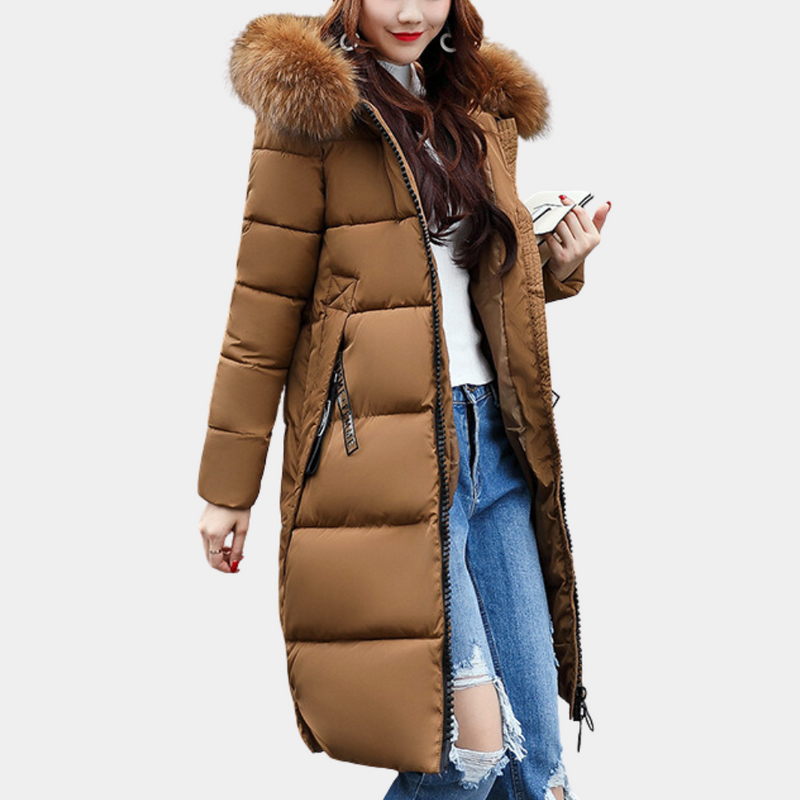 Warm Ladies Puffer Jacket with Hood - Livia-Brown-XS-State of Style