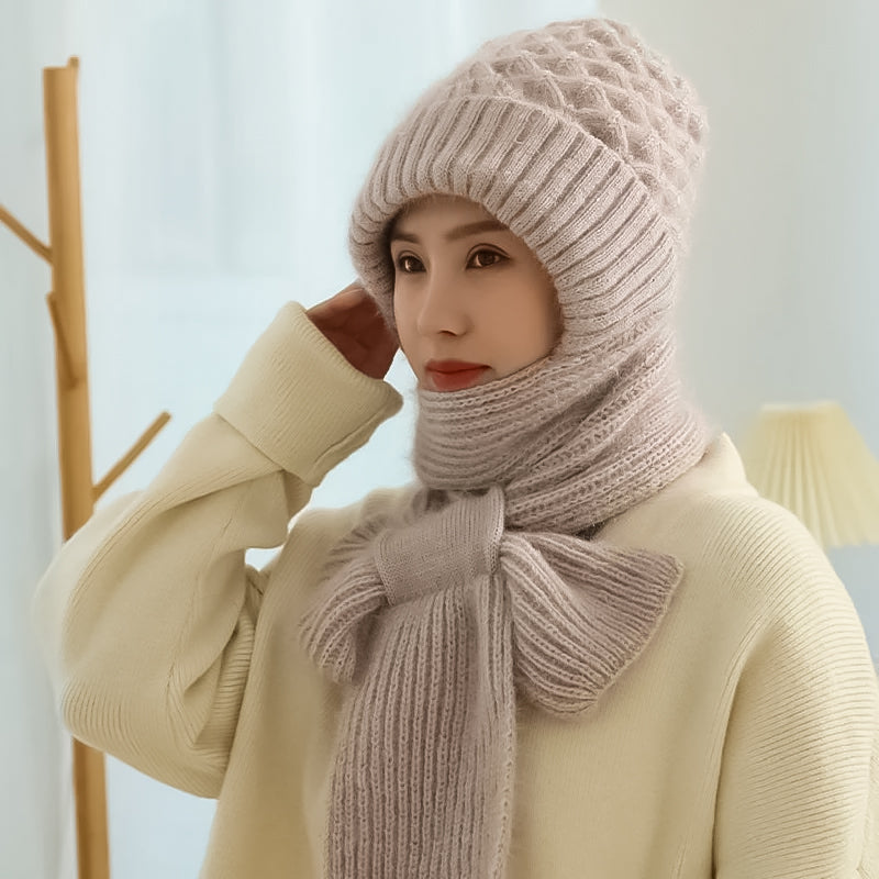 Warm Women’s Beanie with Integrated Scarf - Nora-Khaki-State of Style