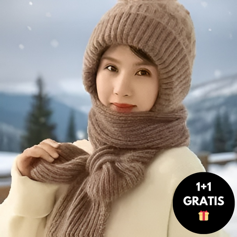 Warm Women’s Beanie with Integrated Scarf - Nora-Khaki-State of Style