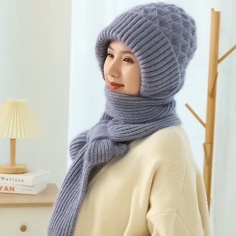 Warm Women’s Beanie with Integrated Scarf - Nora-Khaki-State of Style