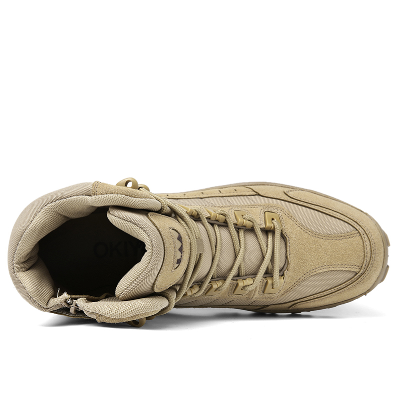 Top-down view of a sand-coloured boot showing the laces, padded collar and side zip 11