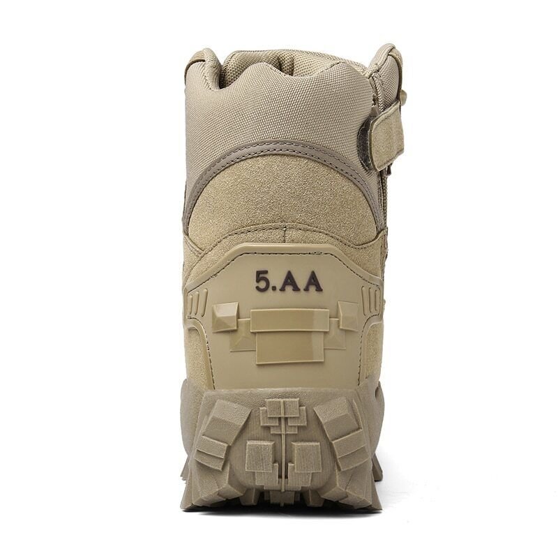 Rear view of a sand-coloured boot showing the heel panel, pull strap and thick sole 12