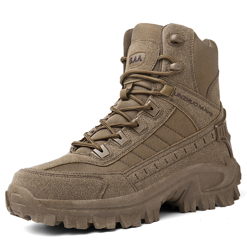 Single brown high-top boot on white, angled front view with laces and panelled upper 14