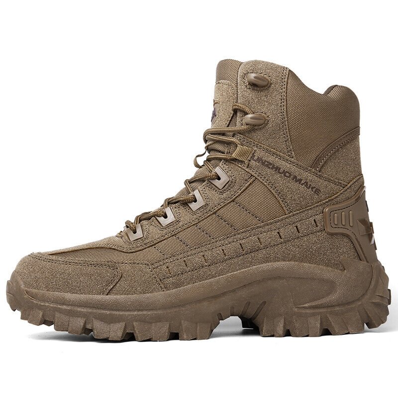 Side profile of a brown suede and fabric boot with heel guard and chunky lugged sole 14