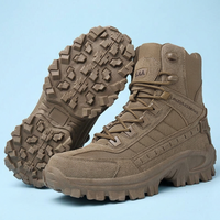 Brown suede and fabric high-top boots on pale blue, one upright and one propped to show the tread 26