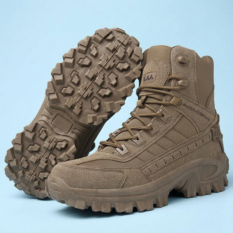 Brown suede and fabric high-top boots on pale blue, one upright and one propped to show the tread 26