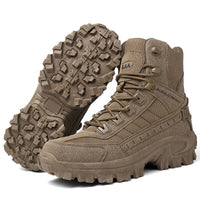 Brown boot upright next to its pair turned over to reveal the chunky tread pattern 16