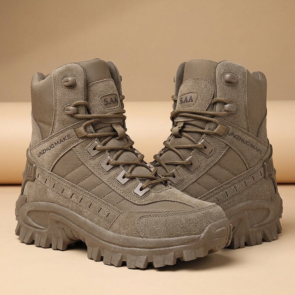 Pair of brown suede-and-fabric high-top boots facing each other, showing laces and chunky tread sole 26