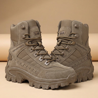 Pair of brown suede-and-fabric high-top boots facing each other, showing laces and chunky tread sole 26