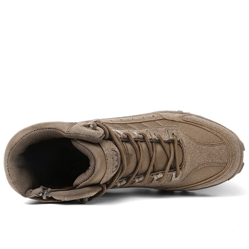 Top-down view of a brown boot showing the padded collar, lacing and side zip 17
