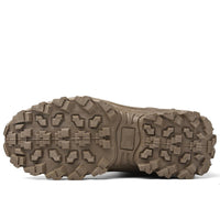 Brown outsole seen from below, showing the deep lug pattern and central panel 18