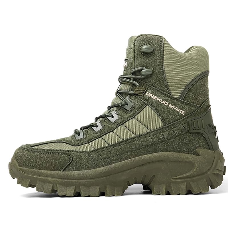 Side profile of an olive green high-top boot with lace-up front and chunky sole 19