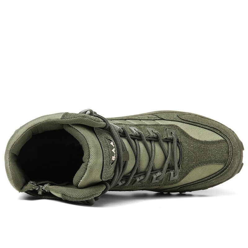 Top-down view of an olive green boot showing the padded collar, black laces and side zip 20