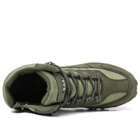 Top-down view of an olive green boot showing the padded collar, laces and side zip 20