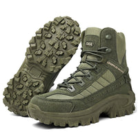 Pair of olive green high-top lace-up boots, one upright and one tilted to show its chunky lugged sole 21