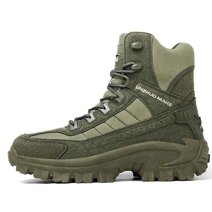 Side view of an olive green high-top lace-up boot with suede and fabric panels and thick lugged sole 22