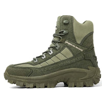 Side view of a single olive green high-top lace-up boot with a thick lugged sole 23