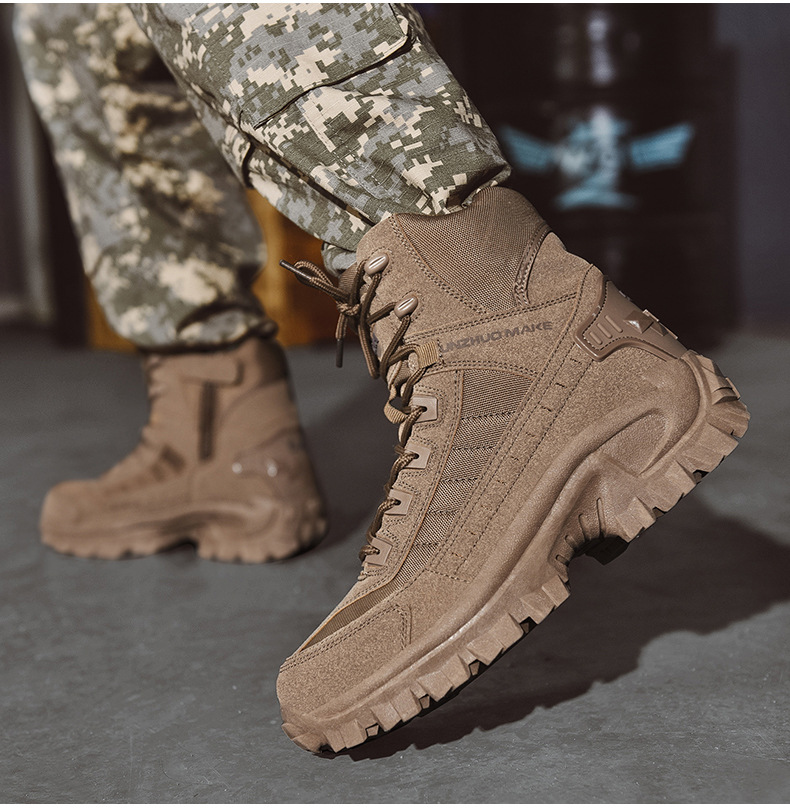 Brown suede boots worn with grey digital camouflage trousers, one foot lifted to show the tread 6