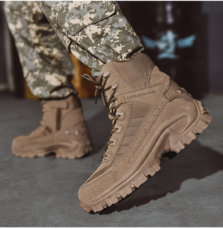 Brown suede high-top boots worn with grey digital camouflage trousers, one boot lifted mid-step 5