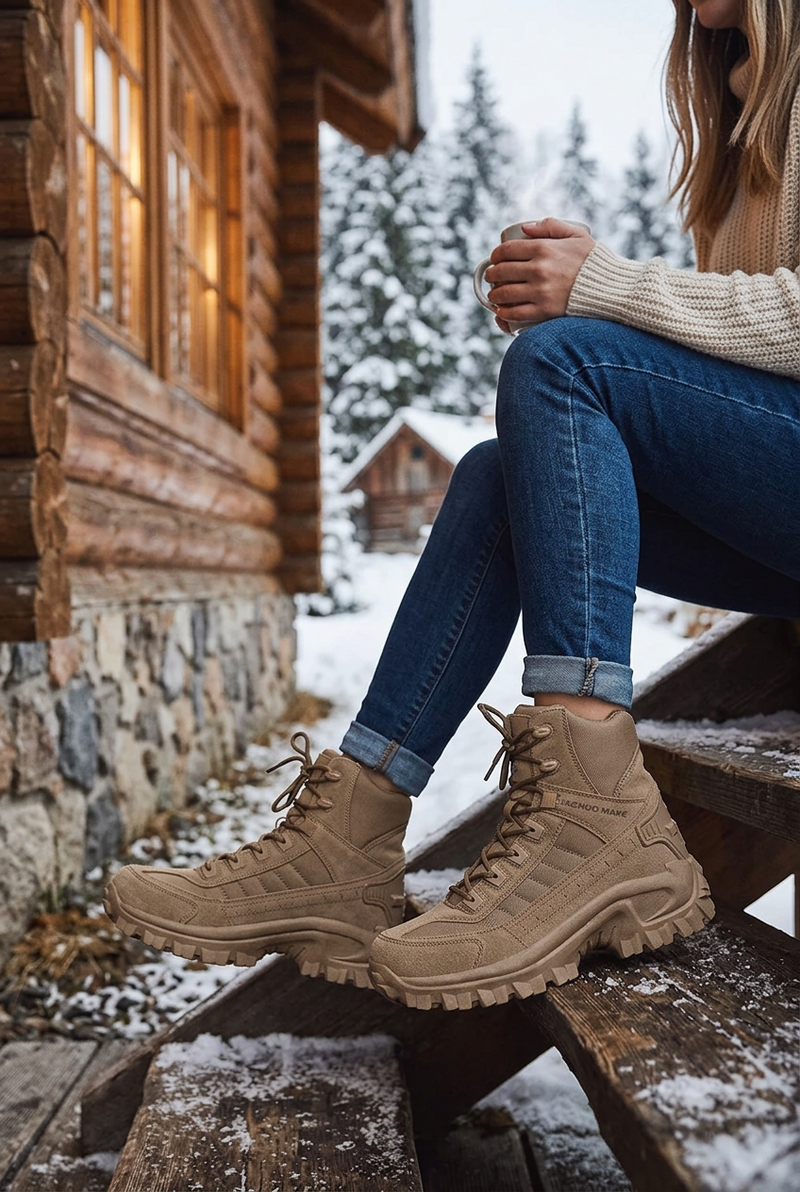 Sand-coloured lace-up boots worn with rolled jeans on snowy wooden steps outside a log cabin 1