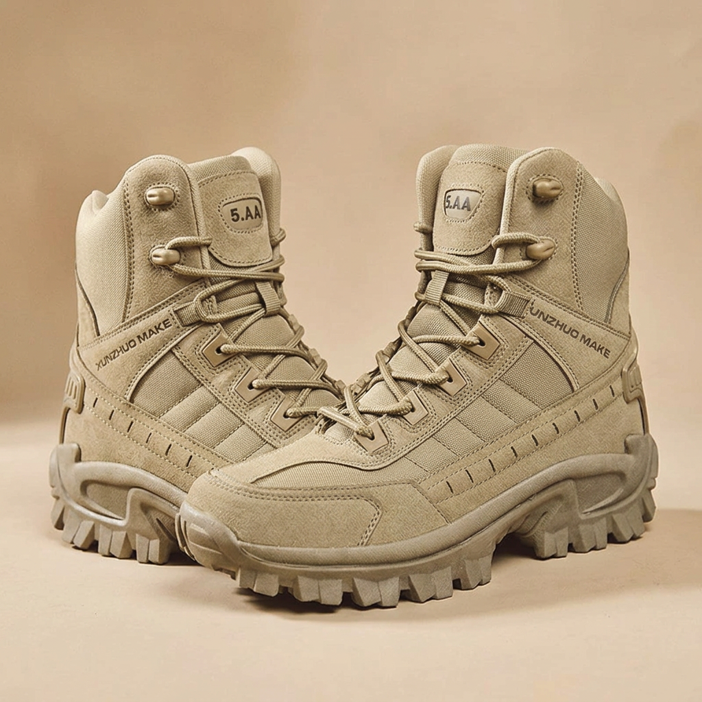 Pair of sand-coloured high-top boots angled towards each other on a beige studio background 24
