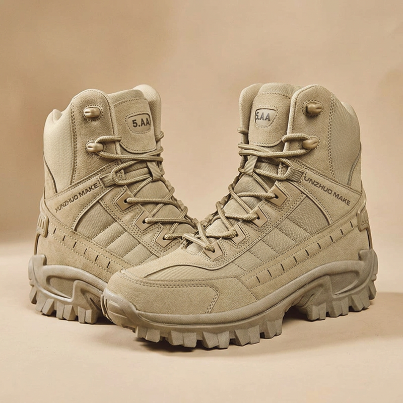 Pair of sand-coloured high-top boots angled towards each other on a beige studio background 24