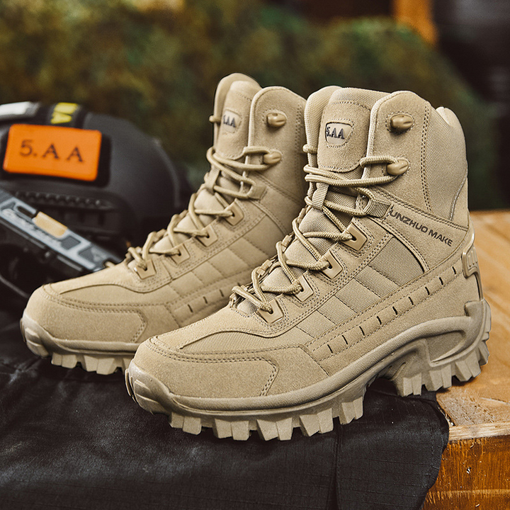 Pair of sand-coloured high-top boots standing on dark fabric and a wooden surface outdoors 8