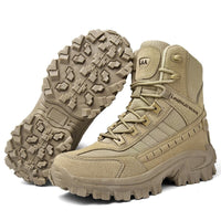 Sand-coloured boot with its partner tilted to show the chunky patterned outsole, on a white background 8