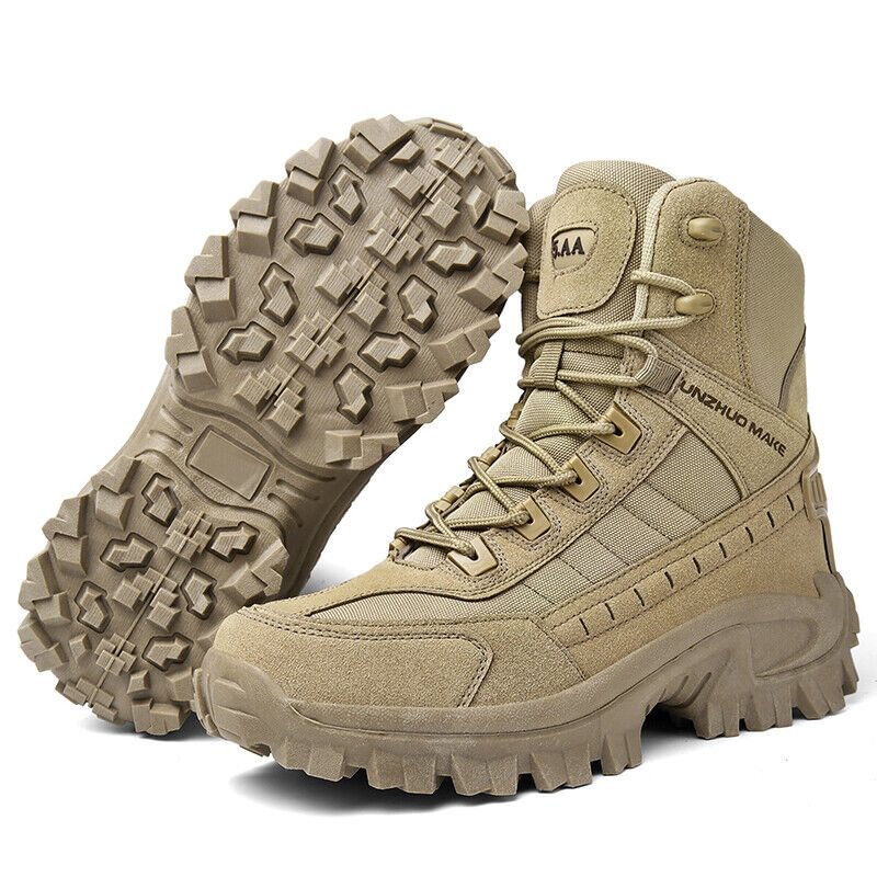 Sand-coloured boot standing beside its twin tilted to show the deep lugged sole pattern 9