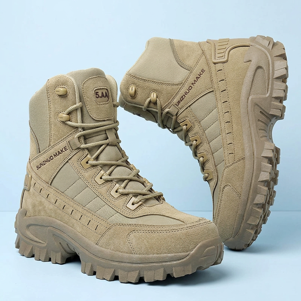 Pair of sand-coloured high-top boots against a pale blue backdrop, one standing and one tilted 24