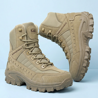 Pair of sand-coloured high-top boots against a pale blue backdrop, one standing and one tilted 24