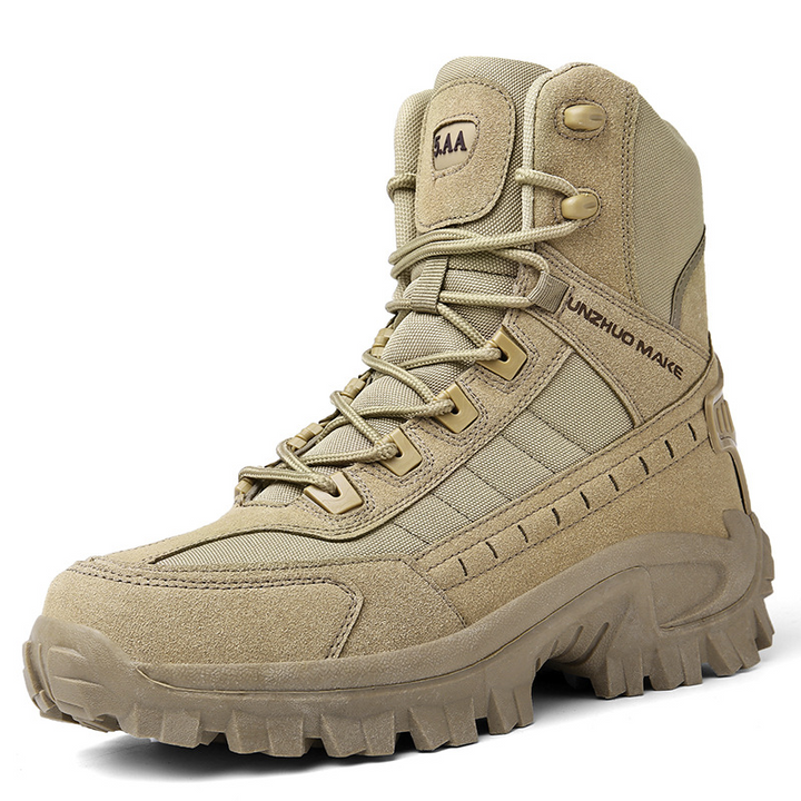 Single sand-coloured high-top boot on white, angled three-quarter view with laces and panelled upper 10