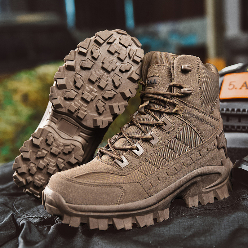 Brown boots displayed with one turned up to show its deep, lugged tread 6